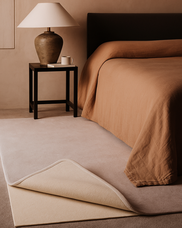 Bedroom rug corner lifted to show Luxe Fleece rug underlay underneath beside the bed
