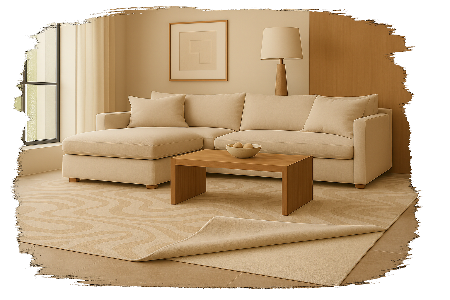 Beige area rug with corner lifted to reveal Luxe Fleece rug underlay on wooden floor in modern living room
